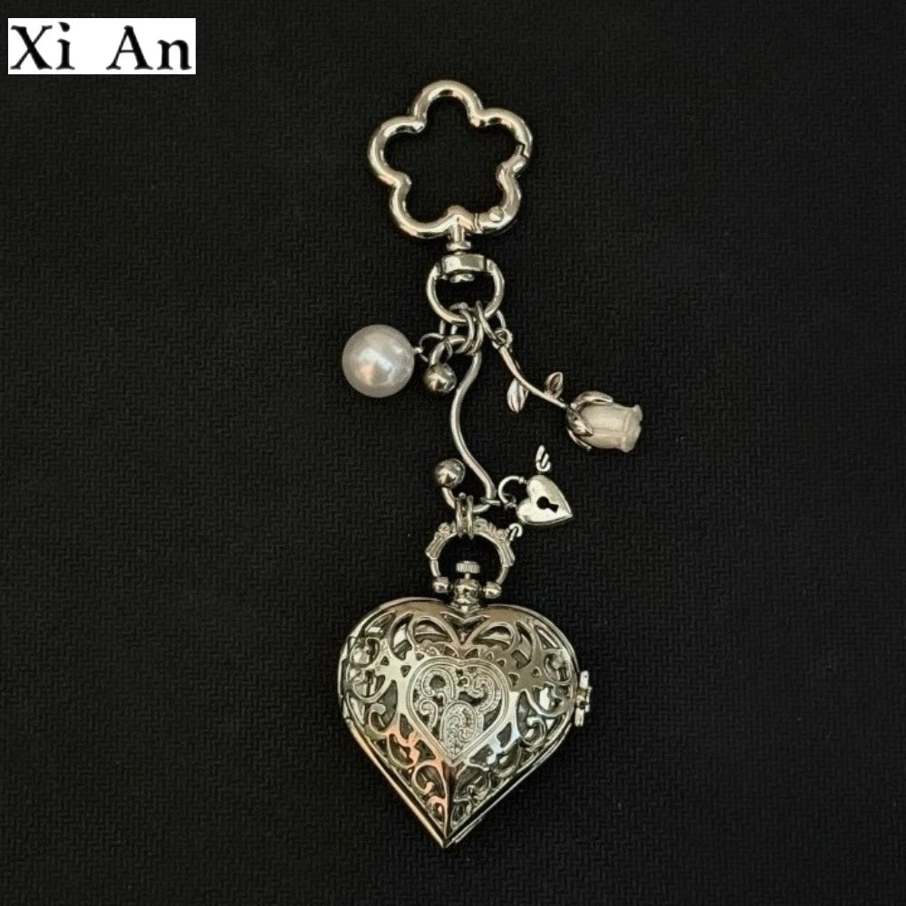 Original Hollow Heart Pocket Watch Chain keychain Design Steampunk Clock Vintage Necklace Pendant Jewelry Watch Men Women Gift Good Vibrations