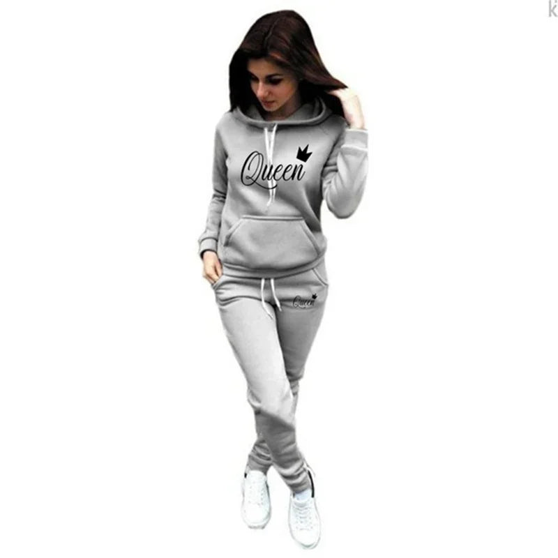 Hot women's 2-piece QUEEN print sports suit sportswear jogging suit women's hooded sportswear suit clothes hoodie+sweatpants Good Vibrations