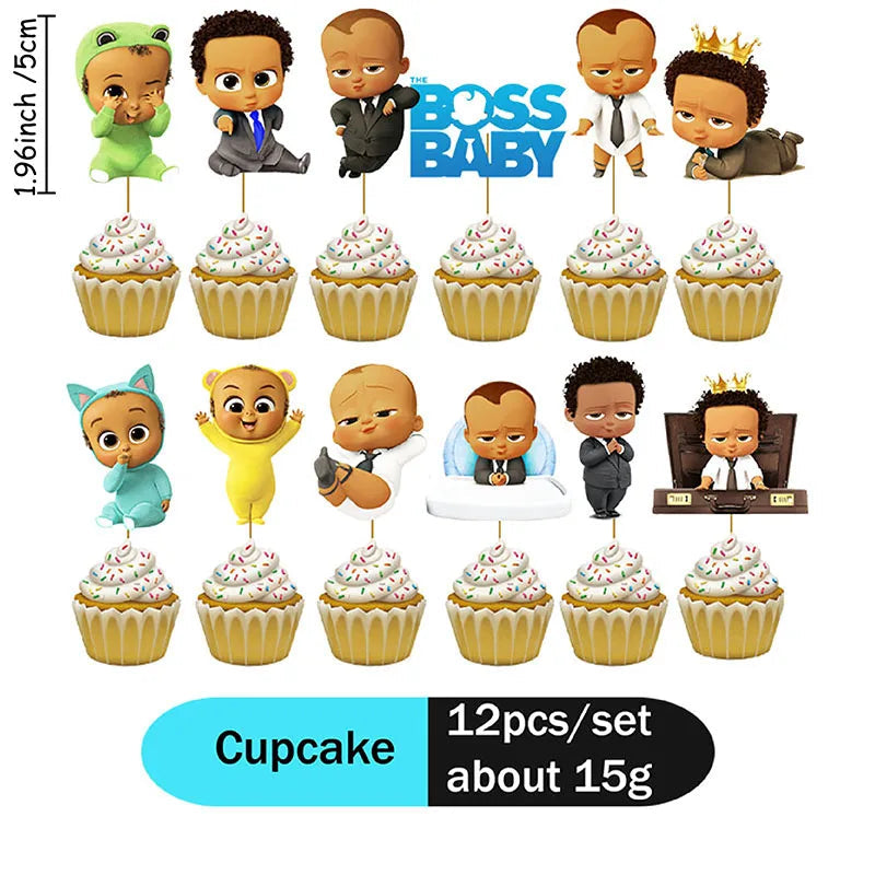 Holiday Gathering Decor Pack Boss Baby Character Print Cupcake Toppers Triangle Flag Banner Disposable Party Ornaments Good Vibrations