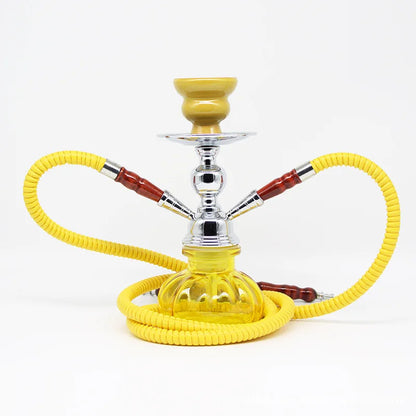 Small Glass Shisha Pipe Hookah Set with Yellow Hose and Bowl on White Background