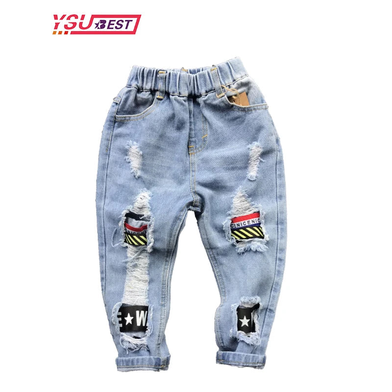 Boys Jeans Fashion Hole New Children Straight Cylinder Casual Jeans Spring Autumn Korean Style Elastic Waist Kids 3-8Ys Trousers Good Vibrations
