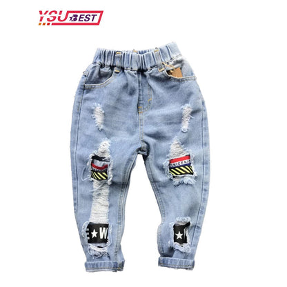 Boys Jeans Fashion Hole New Children Straight Cylinder Casual Jeans Spring Autumn Korean Style Elastic Waist Kids 3-8Ys Trousers Good Vibrations
