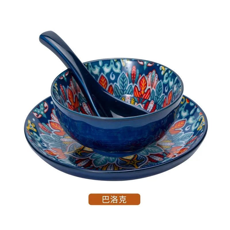 Ceramic Tableware Set Three-Piece Household Rice Bowl Plate Spoon Set Restaurant Hot Pot Barbecue Shop Commercial Good Vibrations