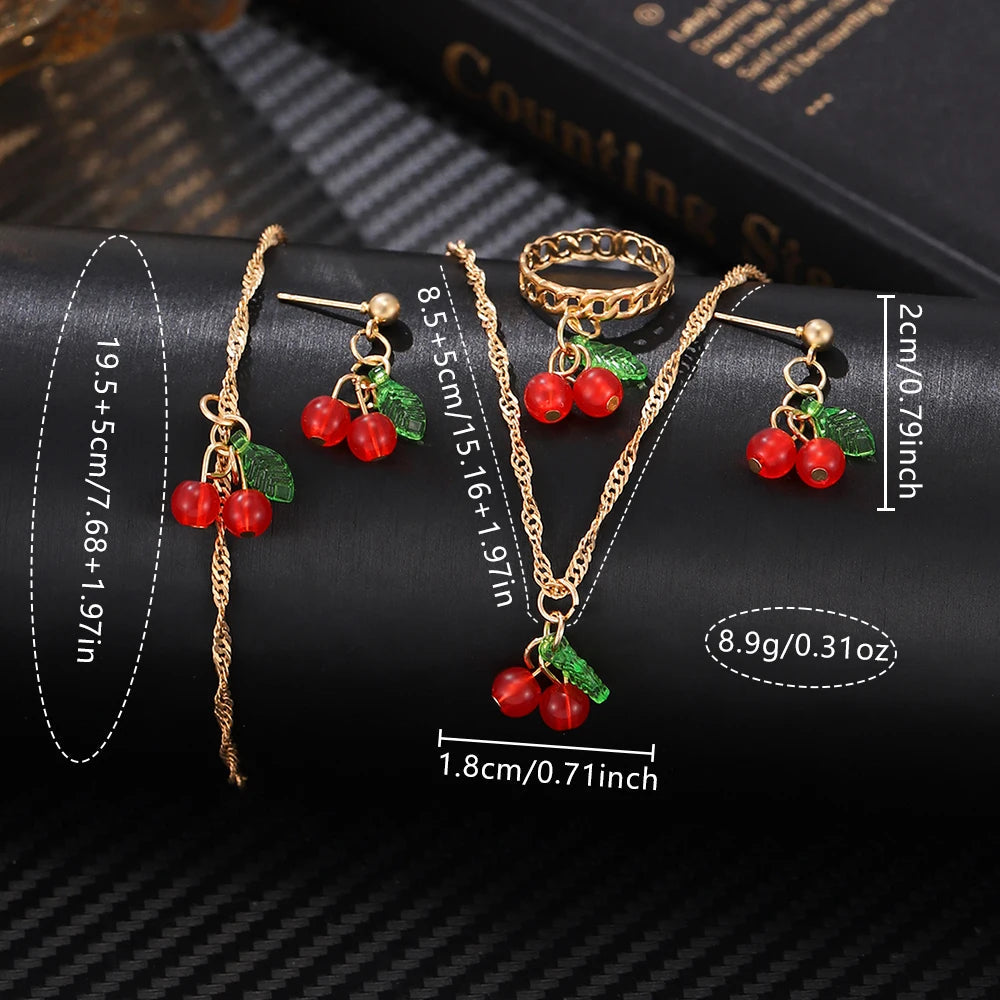 6PCS/Set Red Women's Watch With Minimalist Elements Dial Quartz Watch Latex Strap Cherry Elements Jewelry Set Girl's Gift Good Vibrations Adult Super Store
