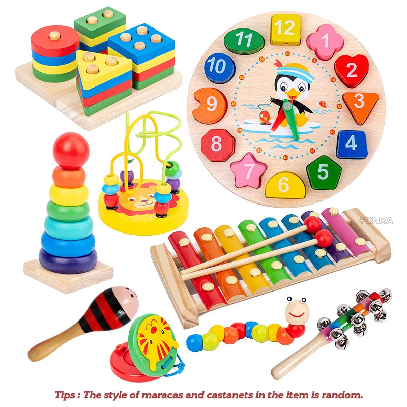 9 in 1 Wooden Montessori Toys Rattle Bell Drum Column Set Musical Instruments Sensory Early Baby Toy Toddler Education Good Vibrations