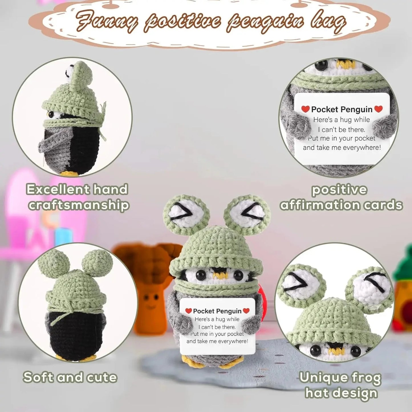 Funny Positive Energy Penguin Hug Pocket Doll Mini Handmade Plush Knitted Penguin Ornament Home Room Decoration Christams Gift Good Vibrations