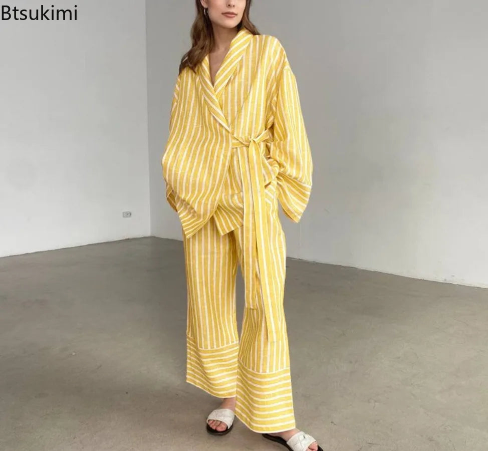 Women's Two-piece Set  Autumn New Striped Long-sleeved Loose Lace-up Top High-waisted Trousers Fashion Casual Suit for Women Good Vibrations