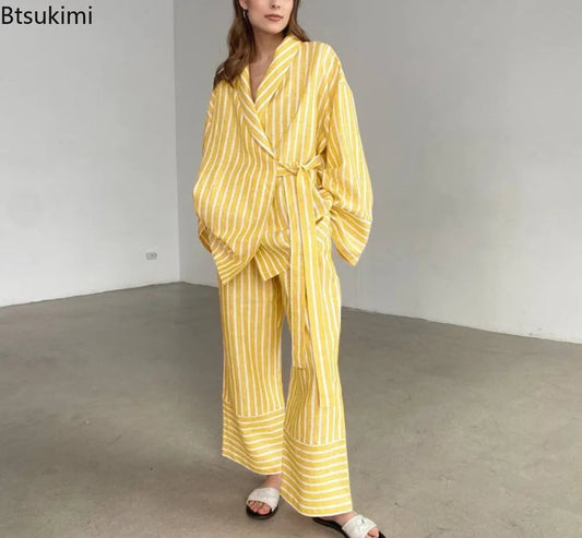Women's Two-piece Set  Autumn New Striped Long-sleeved Loose Lace-up Top High-waisted Trousers Fashion Casual Suit for Women Good Vibrations