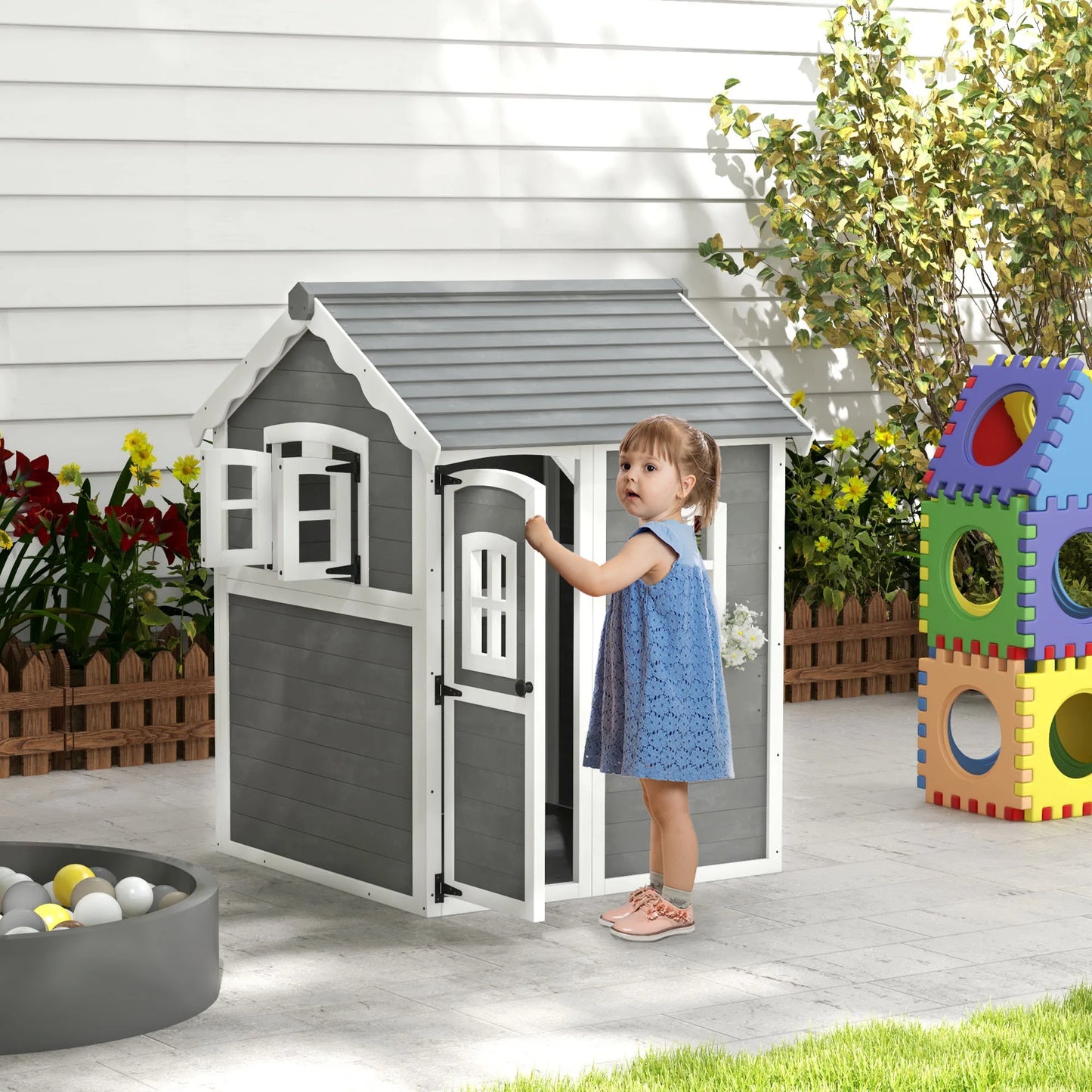 Outsunny Playhouse for Kids, Outdoor Wooden Playhouse with Floor, Door, Windows & Planter Box for 3-8 Year Olds, Backyard Good Vibrations