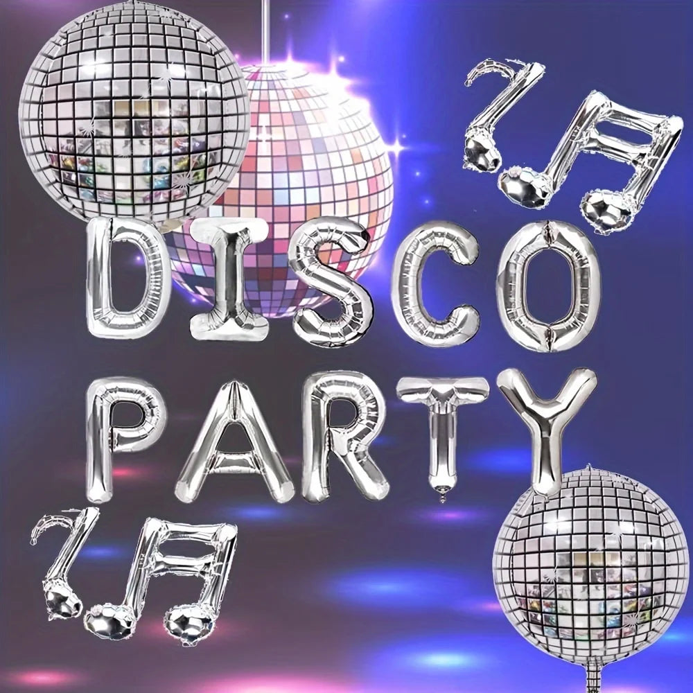 16-Piece 90s Retro Disco Theme Party Set: Silver Letter Foil Balloons & Musical Note Decorative Balloons Good Vibrations