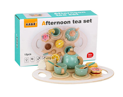 Wooden Afternoon Tea Set Toy Pretend Play Food Learning Role Play Game Early Educational Toys for Toddlers Girls Boys Kids Gifts Good Vibrations