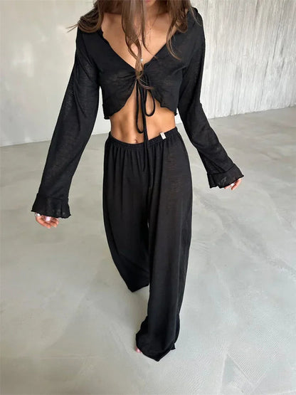 Casual Fashion 2 Piece-Set Trousers For Women V-Neck Lace-Up Long Sleeve Top And High Waist Women's Pants Outfits Female Good Vibrations