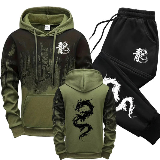 Chinese Dragon Tracksuit Hooded Sweatshirt Sweatpants City Vibe Hoodie 2 Piece Set Autumn Winter Men's Daily Casual Sport Outfit Good Vibrations