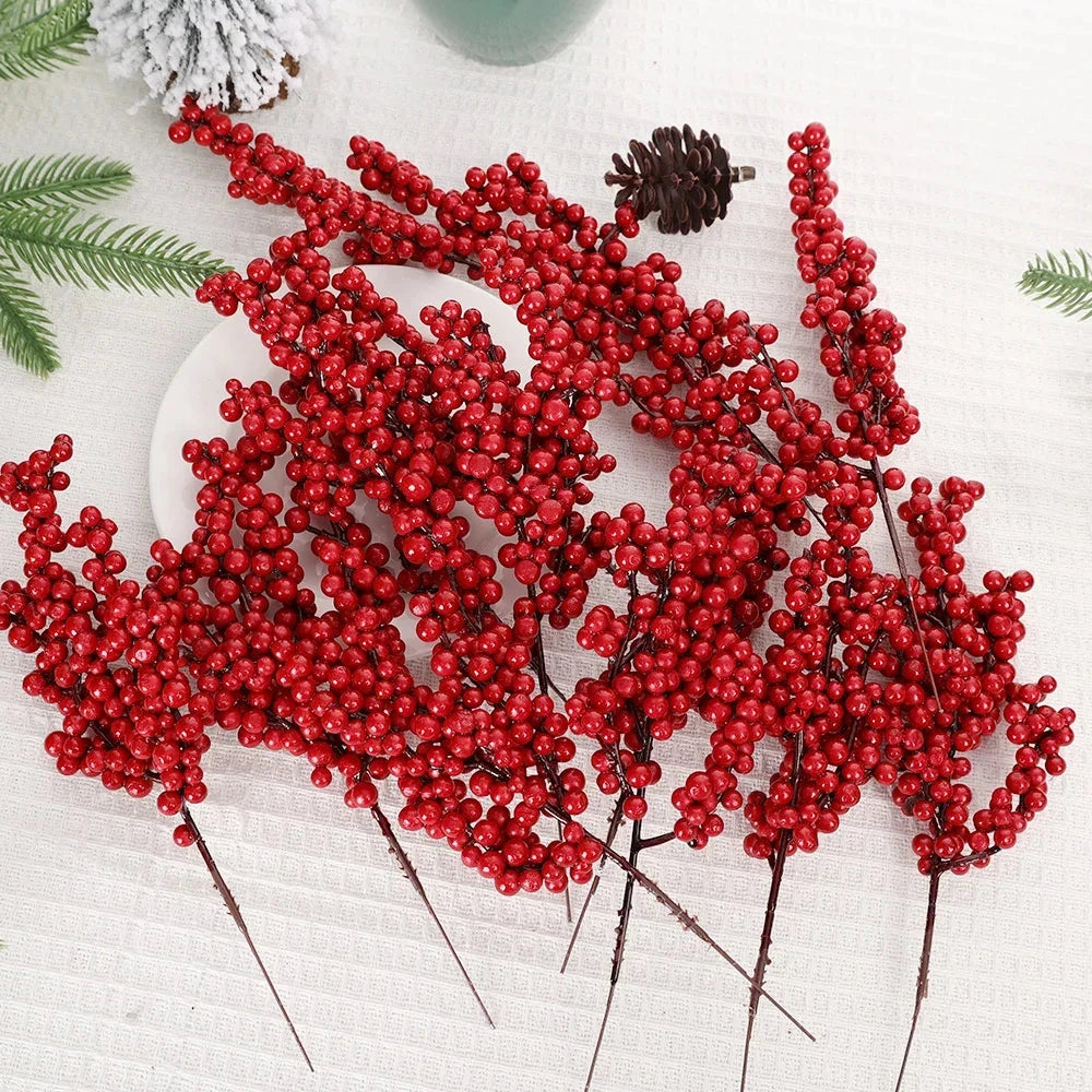 Christmas Red Berries Fake Plants Flowers Artificial Holly Berry Stamen Wreath Ornaments for Xmas Tree Party Home Decor Good Vibrations