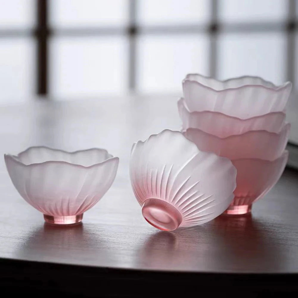 4 Pieces Glazed Glass Frosted Pink Sakura Japanese Teacup, Tableware Good Vibrations