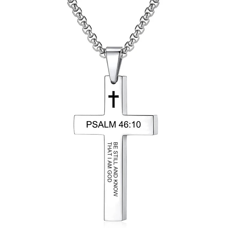 Christian Bible Verse Cross Pendant Necklace Stainless Steel Religious Scripture Prayer Jewelry Gifts Good Vibrations