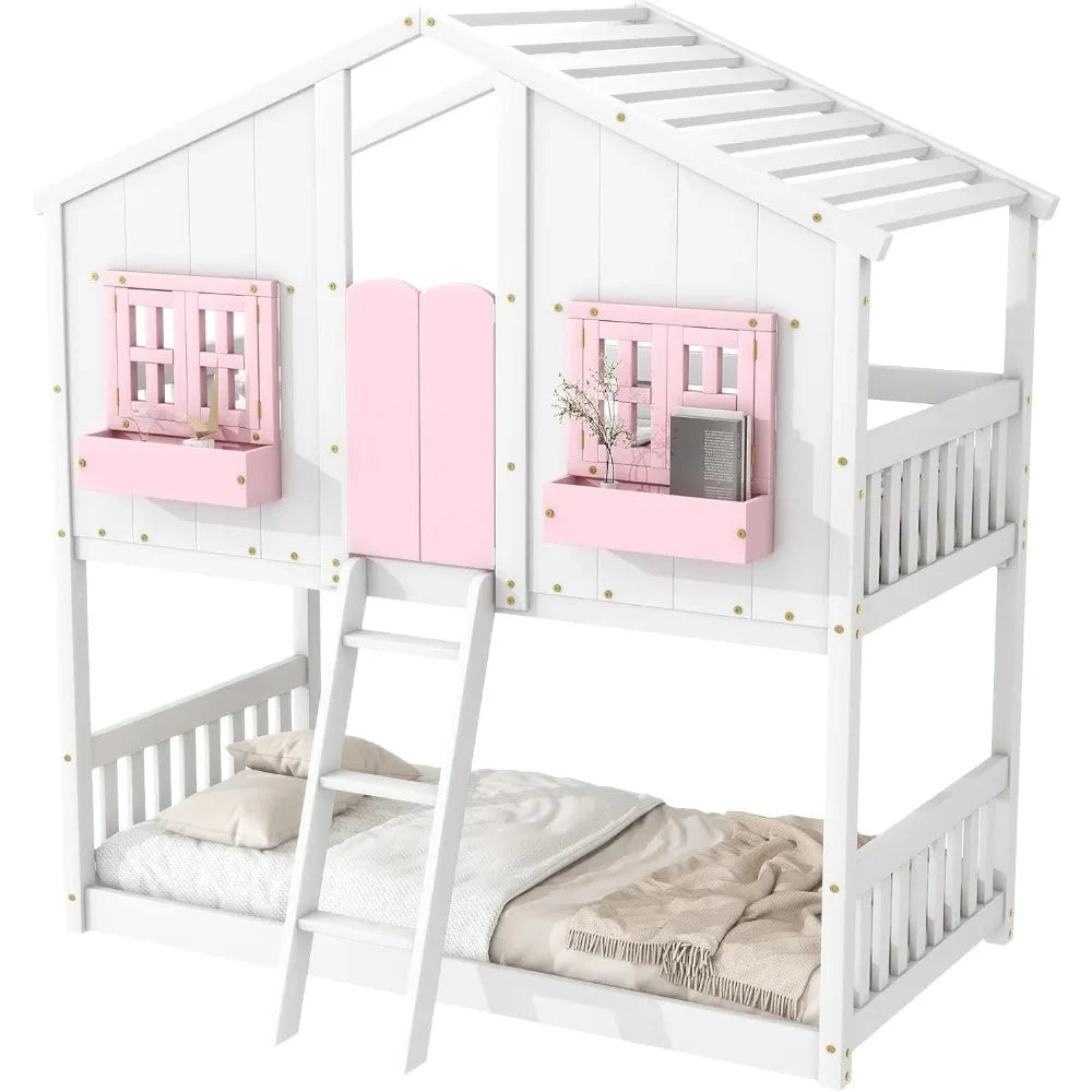 Floor House Bunk Bed with Roof and Window,Built-in Storage Box,Wooden Guardrails with Door/Ladder,Low Bunker Bed Twin Over Twin Good Vibrations