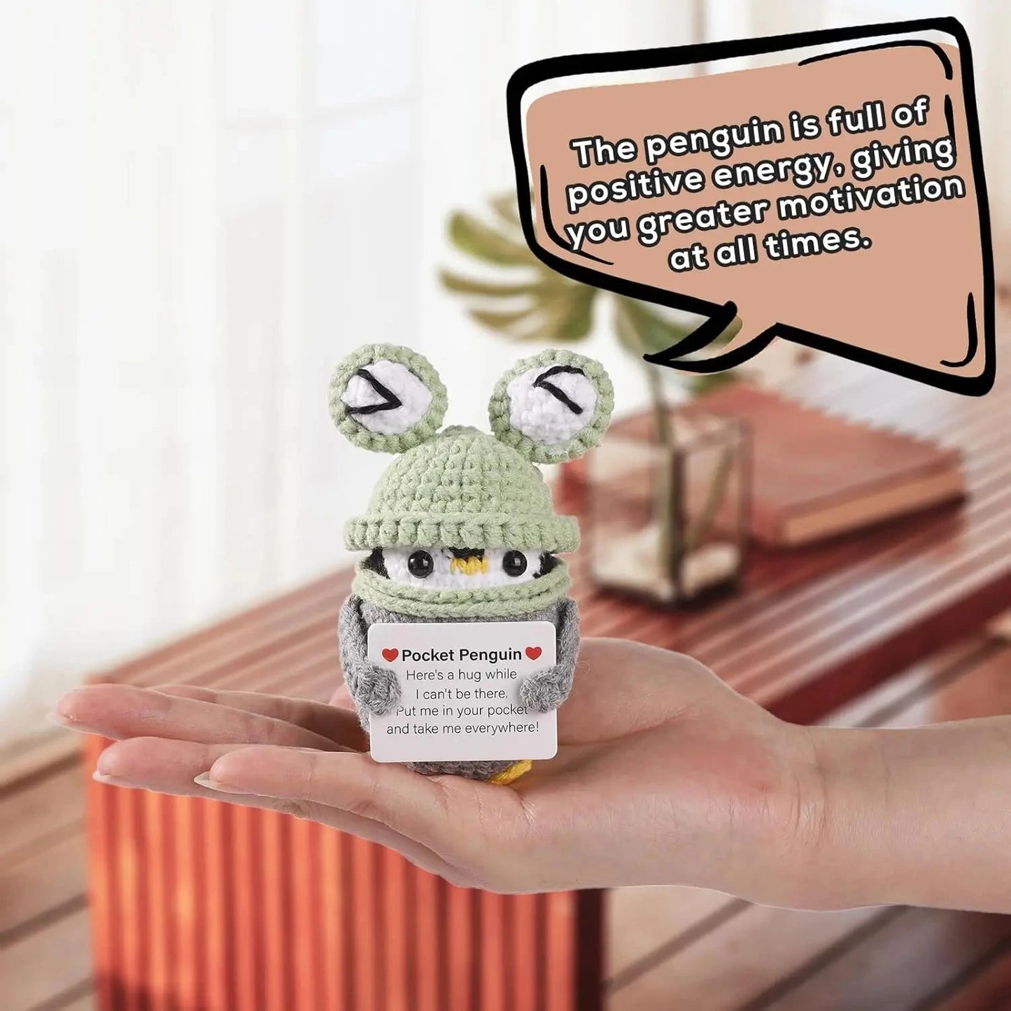 Funny Positive Energy Penguin Hug Pocket Doll Mini Handmade Plush Knitted Penguin Ornament Home Room Decoration Christams Gift Good Vibrations