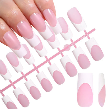 120pcs Pink French Tip Press-On Nails Medium Length Square Shape With Glossy Finish False Nails Full Cover Pre-Shaped Fake Nails Good Vibrations