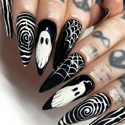 Halloween Acrylic Press On Nails Almond Shape Fake Nails Short Full Cover Glue On Nails Halloween Stick On Nails Cute Ghost Pump Good Vibrations