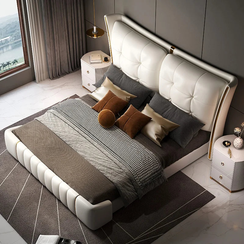 Light Luxury Leather King/Queen Bed Modern Soft Package Bed and Bedside Table for Bedroom Wedding Bed Solid Wood Bed Frame Good Vibrations