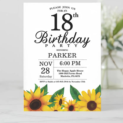 5/20/100pcs 18th birthday invitations, Watercolor Blue Floral birthday invitations 18, Sunflower Birthday Invitation Good Vibrations