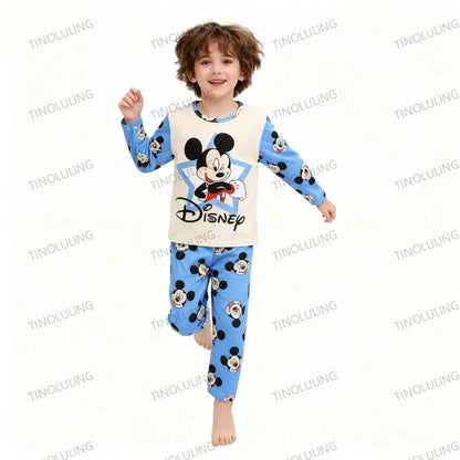 Children's Cartoon Stitch Pajamas Sets Boys Pijamas Girls Mickey Hello Kitty Sleepwear Comfortable Long Sleeve Nightwear Pjs Good Vibrations