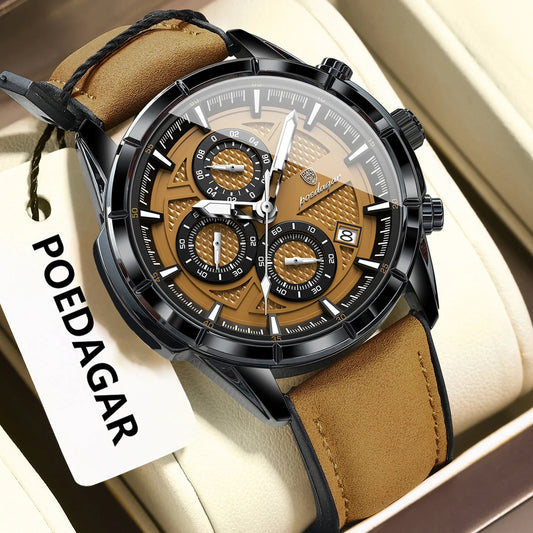 POEDAGAR Luxury Top Men Wristwatch Quartz Original Leather Men's Watches Date Chronograph Waterproof Luminous Man Watch Male+Box Good Vibrations