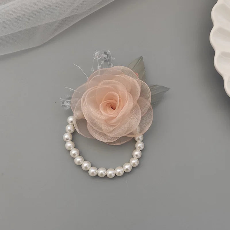Girls Bridesmaid Wrist Flowers Pearl Ribbon Rose Bracelet for Wedding Prom Party Bride to Be Bridesmaid Gift Wedding Accessories Good Vibrations