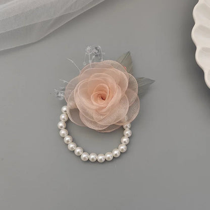 Girls Bridesmaid Wrist Flowers Pearl Ribbon Rose Bracelet for Wedding Prom Party Bride to Be Bridesmaid Gift Wedding Accessories Good Vibrations