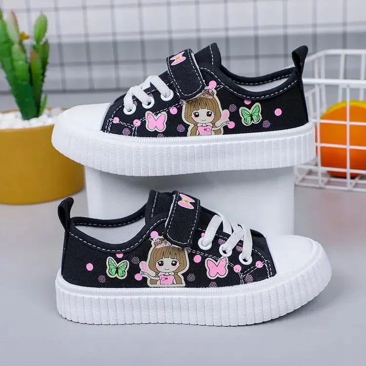 Children's Canvas Shoes Spring Autumn White Embroidery Cartoon Boys and Girls Single Shoes Pink Soft Non-slip Kids Casual Shoes Good Vibrations