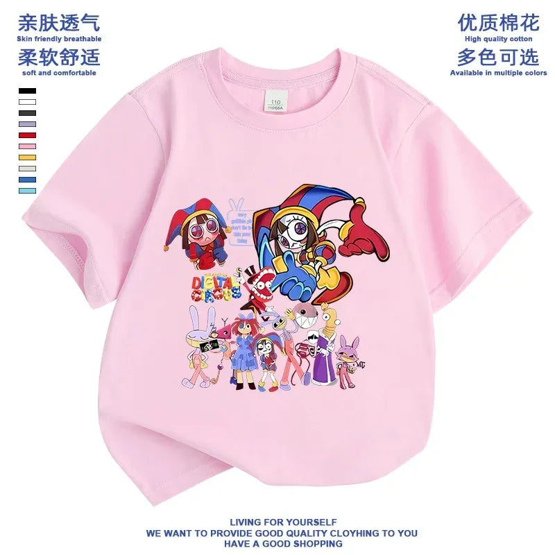 2026 Pure cotton boys and girls' short-sleeved T-shirt summer children's clothing cartoon magic digital circus children's top Good Vibrations