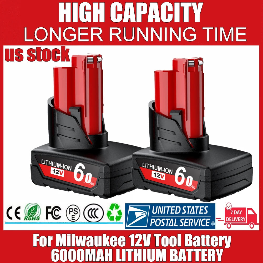 For Milwaukee 12V Tool Battery For Milwaukee M12 6000mAh Lithium Battery Impact Wrench Drill Power Tools Battery Good Vibrations