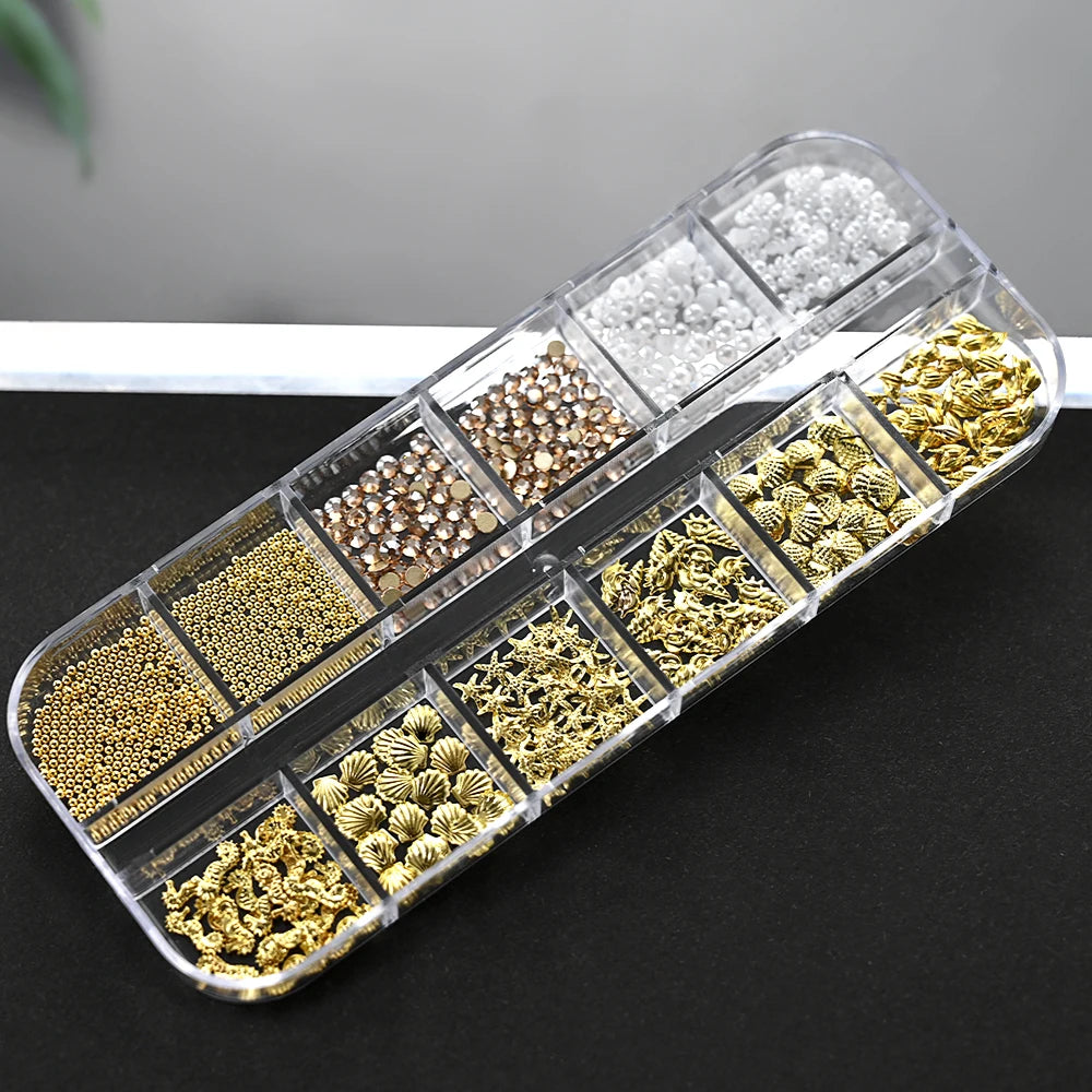 12Grid 3D Gold Ocean Rivet Nail Charms Mixed Seahorsea/Starfish /Conch Pearl/Mini Caviar Beads/Rhinestone Nail Jewery Decoration Good Vibrations