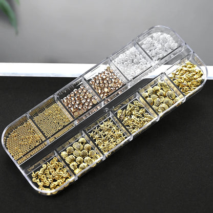 12Grid 3D Gold Ocean Rivet Nail Charms Mixed Seahorsea/Starfish /Conch Pearl/Mini Caviar Beads/Rhinestone Nail Jewery Decoration Good Vibrations