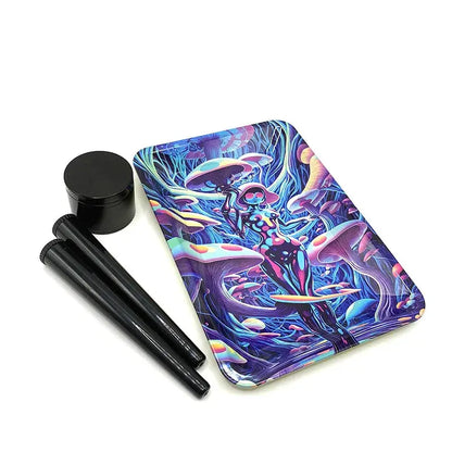 Metal herb grinder set with 40mm crusher, smell-proof storage tube, and 180x125mm rolling tray featuring a colorful design.