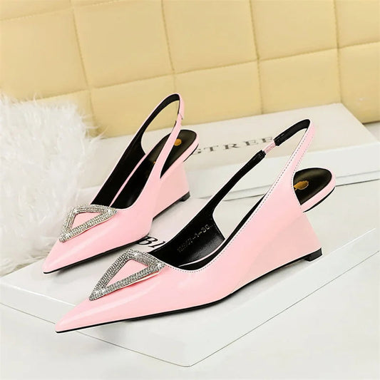 Wedges Women Shoes High Heel Shallow Pointed Toe Hollow Back Straps Patent Leather Triangle Metal Crystal Buckle Pumps Good Vibrations