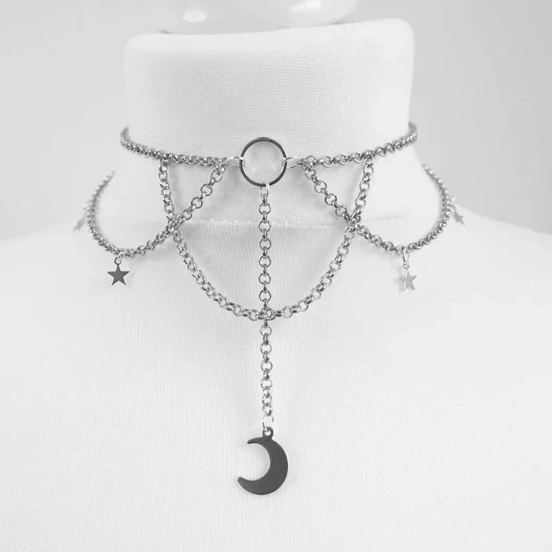 Goth Tattoo Inverted Crescent Stretchy Choker Witch Necklace Punk Jewelry Women Wedding Gift Fashion Statement Chain Pendant Good Vibrations