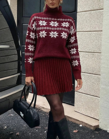 Women's Two-Piece Knit Set: Long-Sleeve Turtleneck Pullover and High-Waisted Pleated Mini Skirt – Elegant Autumn/Winter Outfit Good Vibrations