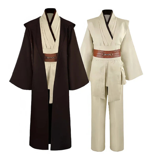 Obi Wan Kenobi men's costume set with beige tunic, pants, brown belt, and dark brown hooded robe cosplay outfit