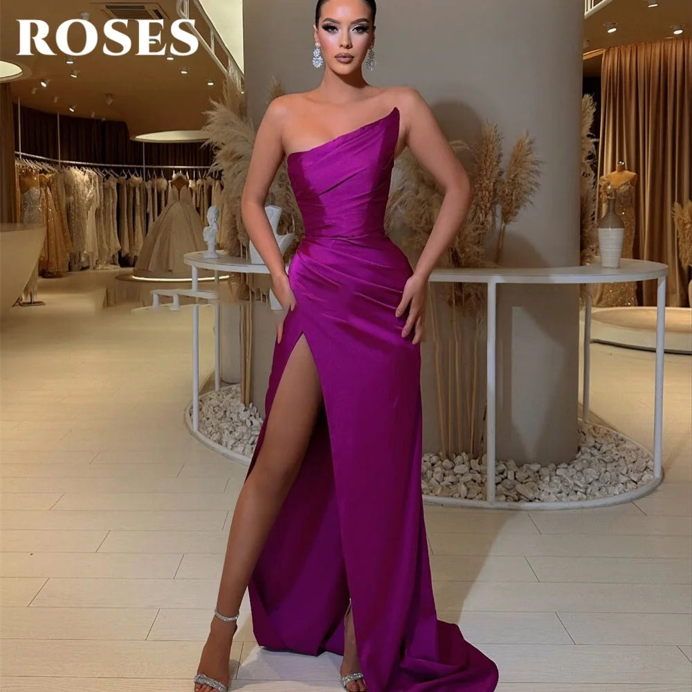 ROSES Purple Elegant Prom Gown Asymmetric Sleeveless Prom Dress for Woman Satin Side Split Mermaid Evening Dresses Customized Good Vibrations