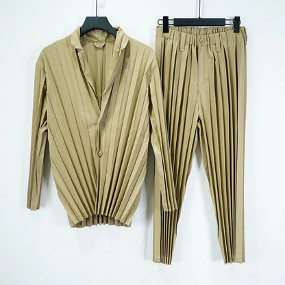 Miyake Pleated Men's Suit Solid-Color Pleats Blazer + Slim-Fit Straight-Leg Pants Plisse 2025 Fall New Minimalist Fold Suit Good Vibrations