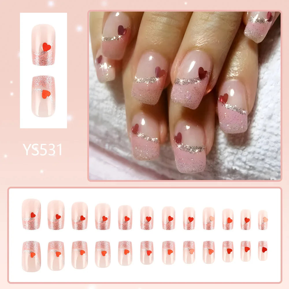 24pcs y2k Black French Press on Nails Short Square Pink Heart Fake Nails Full Cover Wearable Sweet Valentine's Day False Nails Good Vibrations