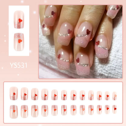 24pcs y2k Black French Press on Nails Short Square Pink Heart Fake Nails Full Cover Wearable Sweet Valentine's Day False Nails Good Vibrations