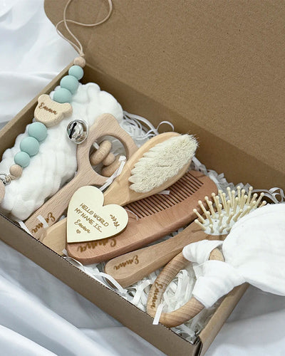 Baby Gift Box 8pcs with Personalized Name,Natural Wood Teether Rattle Set,Custom Baby Toy,Baby Name Announcement Baby Brush Good Vibrations
