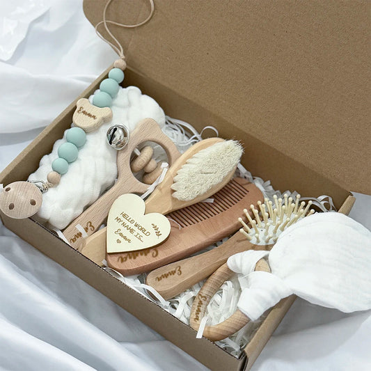 Baby Gift Box 8pcs with Personalized Name,Natural Wood Teether Rattle Set,Custom Baby Toy,Baby Name Announcement Baby Brush Good Vibrations