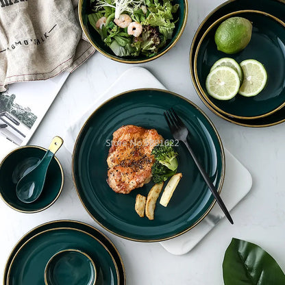 Green Ceramic Gold Inlay Plate Steak Food Plate Nordic Style Tableware Bowl Ins Dinner Dish High End Porcelain Dinnerware Set Good Vibrations
