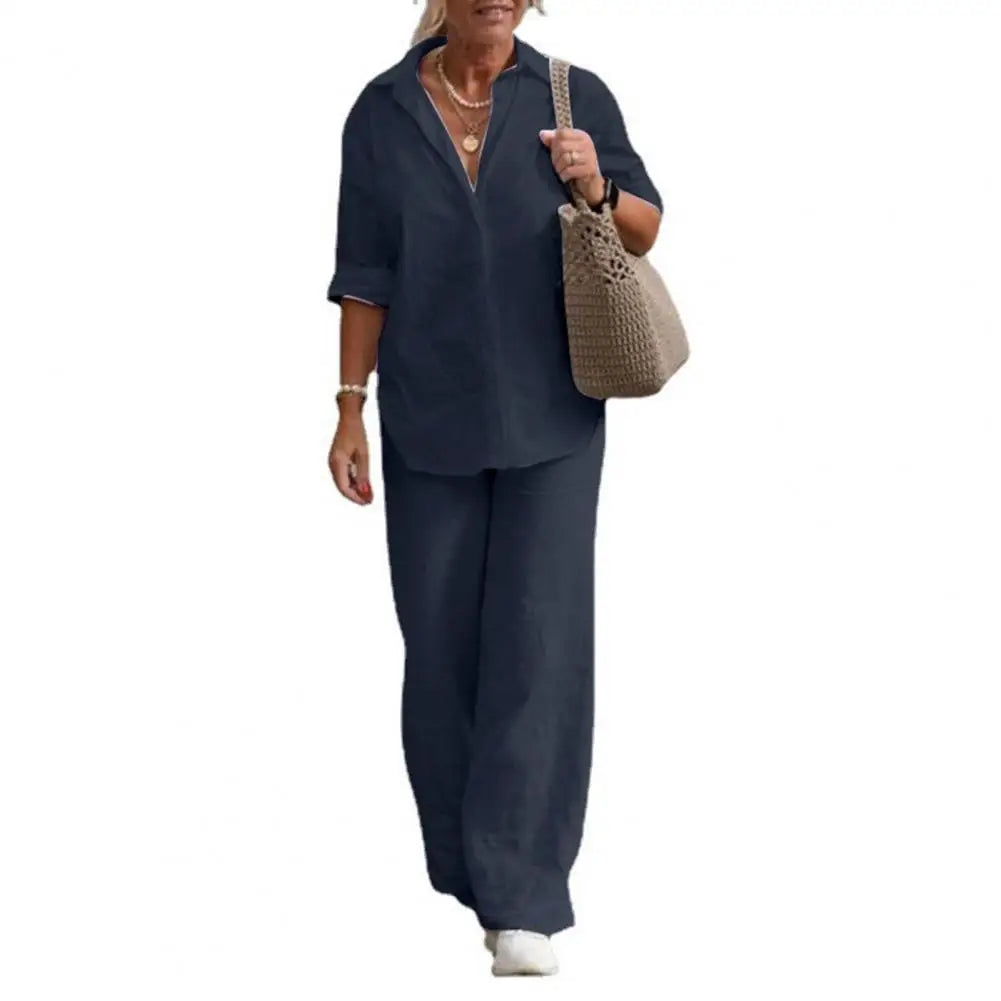 Two-piece Set Women Summer Suit Plus Size Cotton Linen Single-breasted Shirt Trousers Casual Top Wide Leg Pants Loose Outfits Good Vibrations