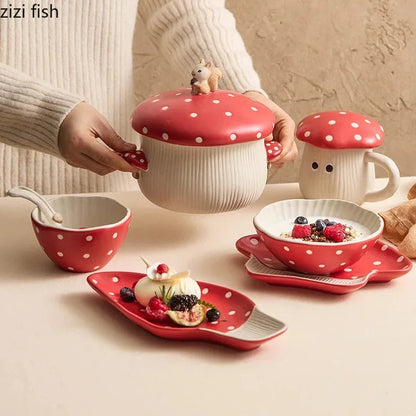 Mushroom Ceramic Tableware Mushroom Rice Bowl Noodles Bowl Soup Pot Flat Plate Sushi Plate Mushroom Mug Spoon Kitchen Tableware Good Vibrations