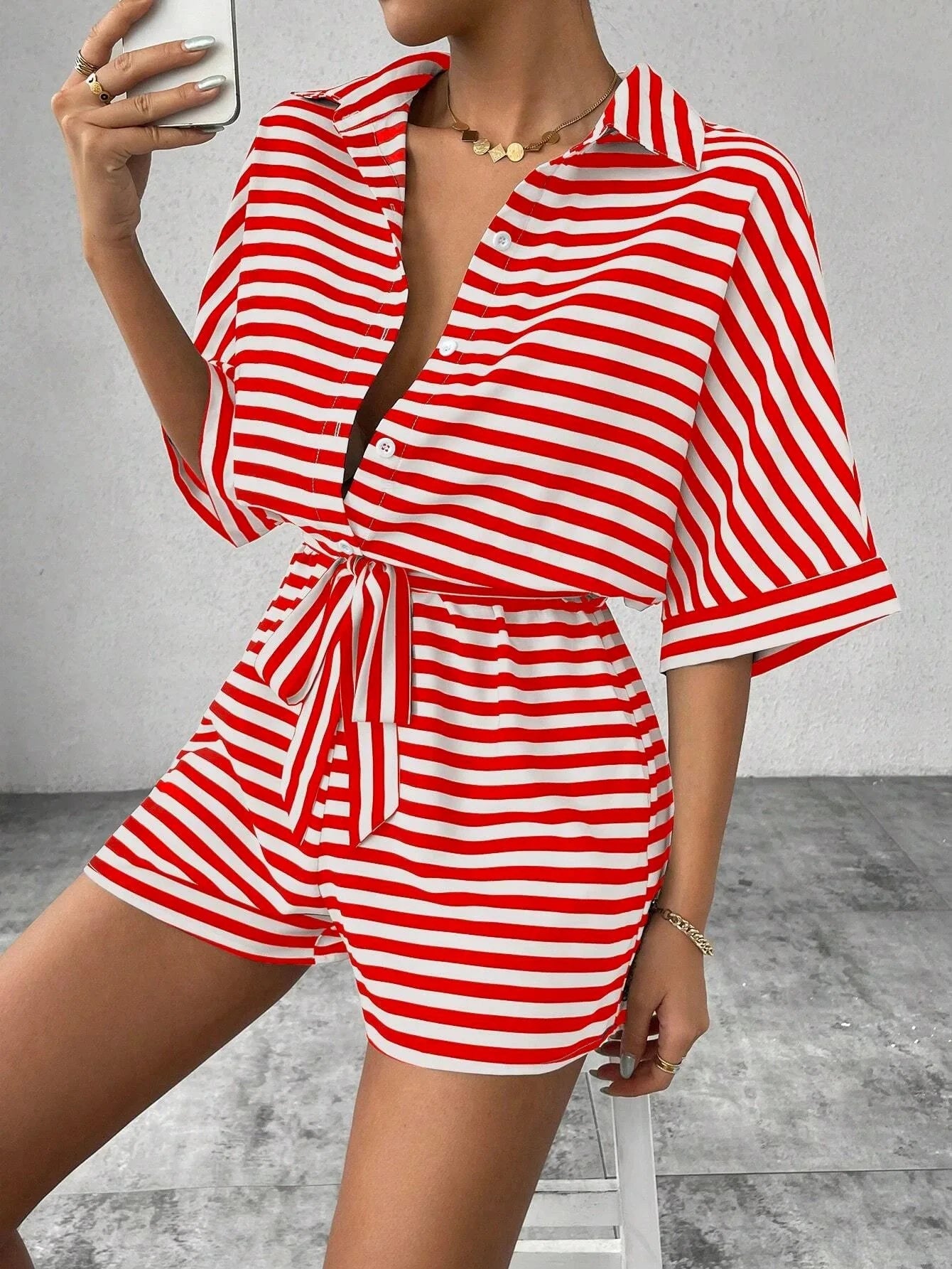 Summer New Set For Women's Casual Loose Comfortable Outfit Fashion Striped Batwing Sleeve Shirt Top+ Shorts 2-piece Sets Woman Good Vibrations